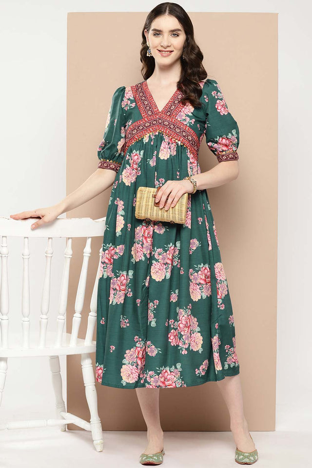 Women's Green Silk Printed Dress