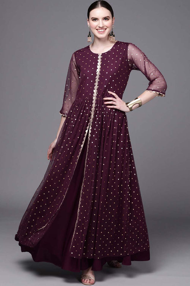 Women's Burgundy Net Printed Dress