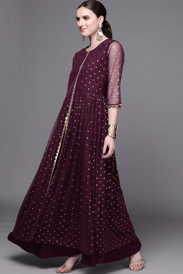 Women's Burgundy Net Printed Dress