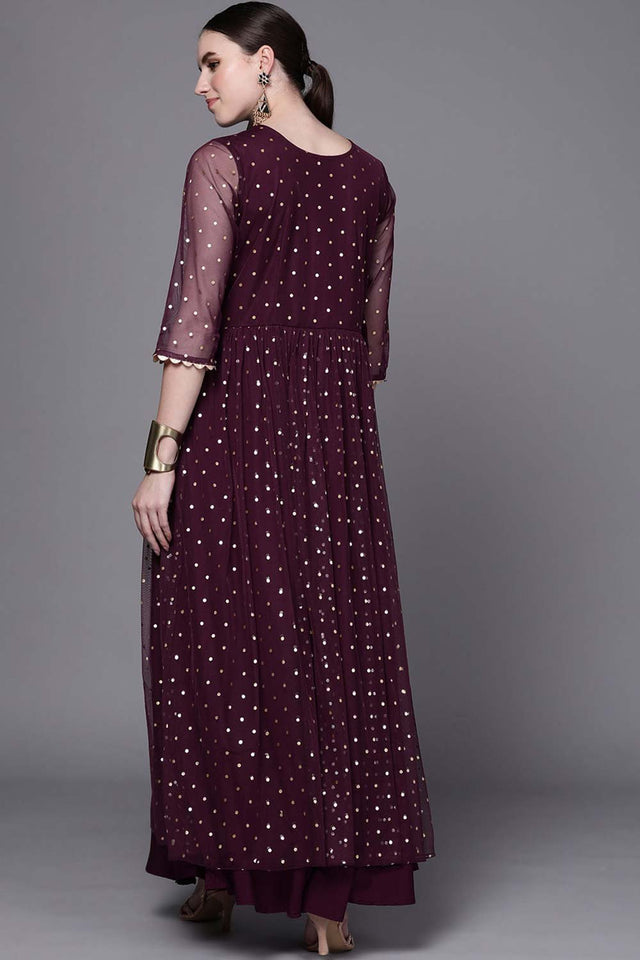 Women's Burgundy Net Printed Dress