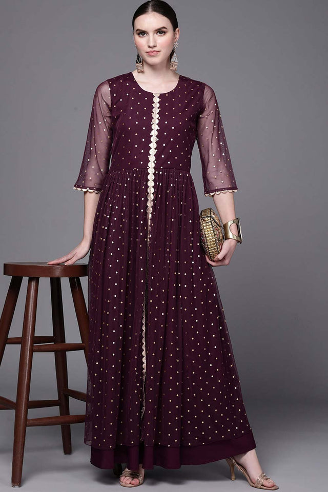 Women's Burgundy Net Printed Dress