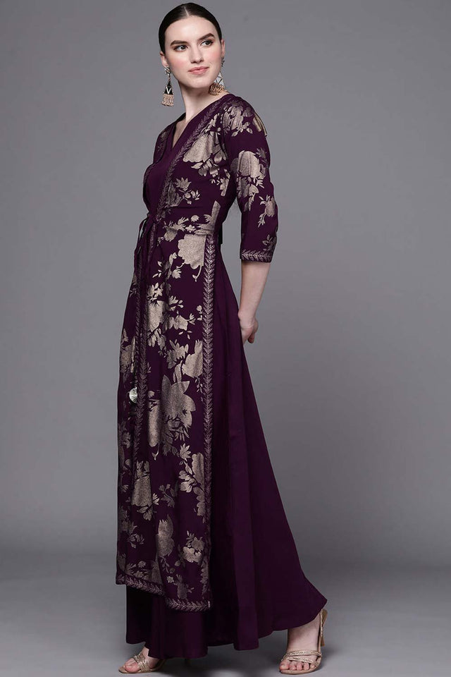 Women's Burgundy Silk Printed Dress