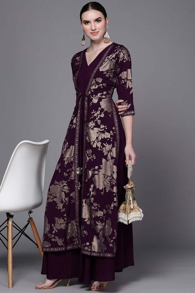 Women's Burgundy Silk Printed Dress