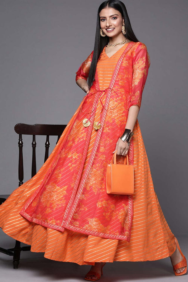 Women's Orange Crepe Printed Dress