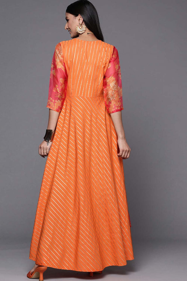 Women's Orange Crepe Printed Dress