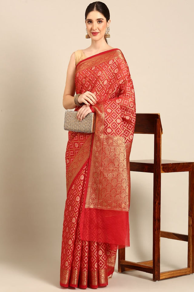 Orange Silk Blend Saree