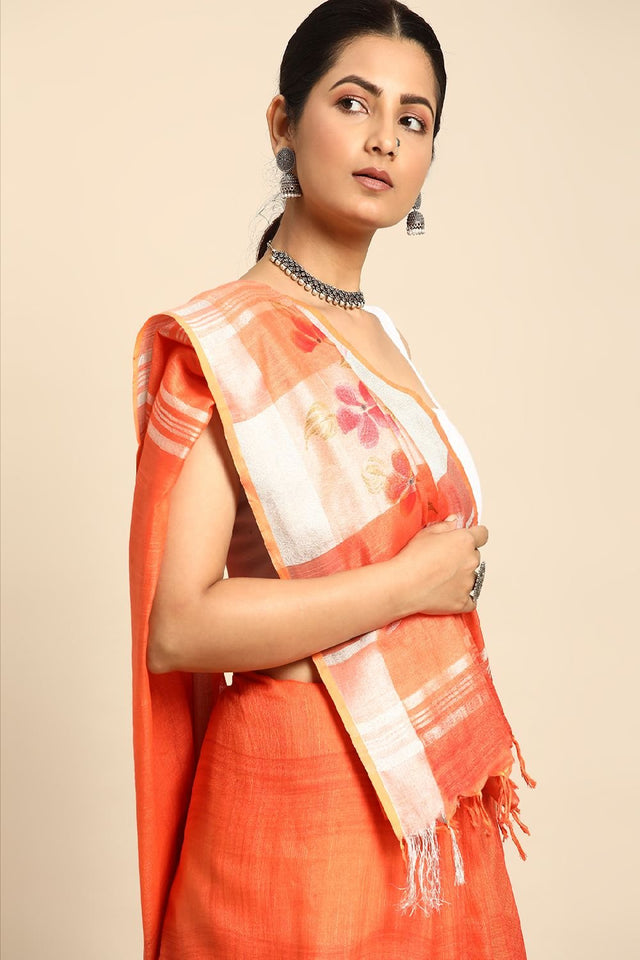 Orange Cotton Saree