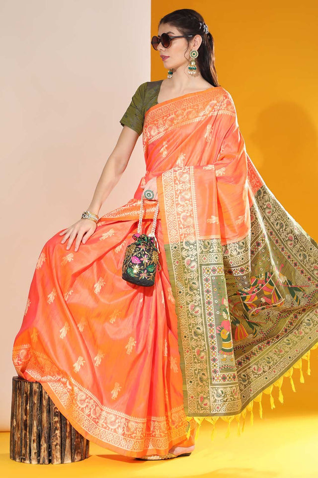Orange Art Silk Weaving Saree