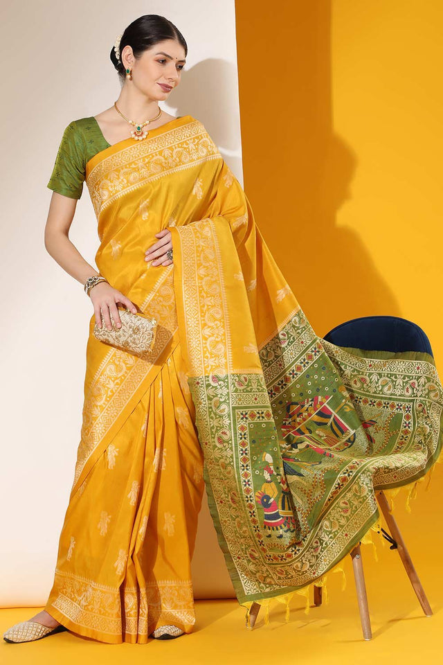Yellow Art Silk Weaving Saree