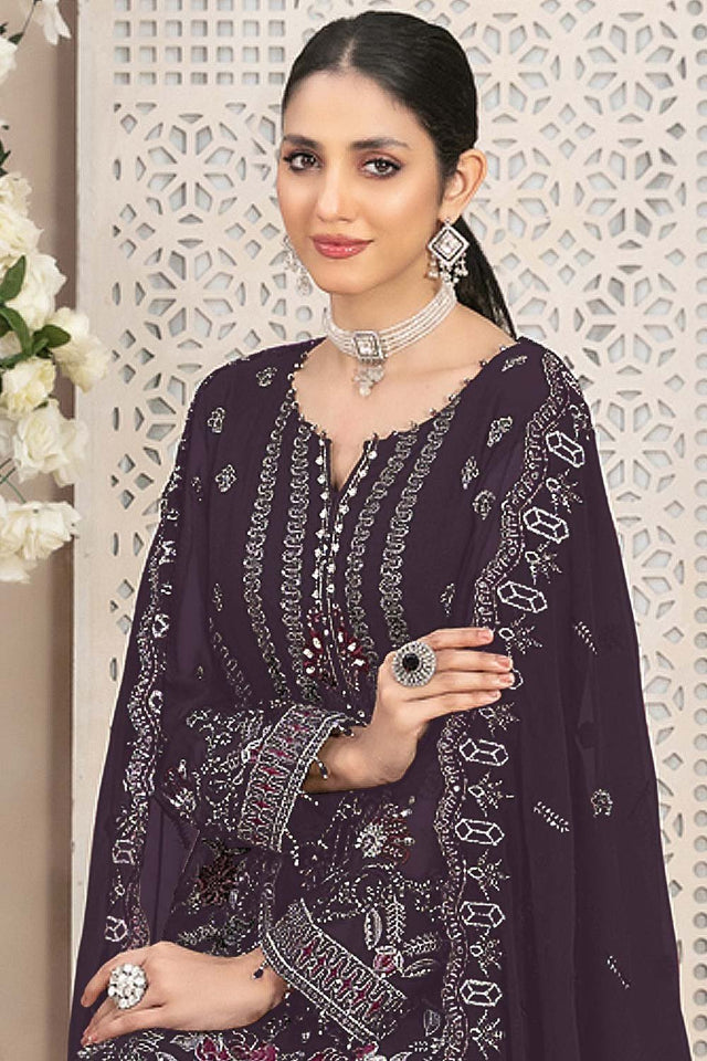 Purple Embroidered Georgette Pakistani Salwar Suit