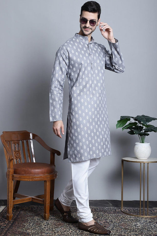 Men's Cotton Floral Printed Kurta Pajama