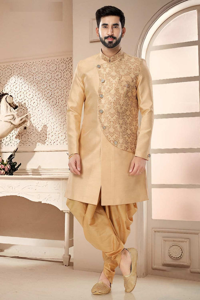 Gold Silk Embroidered Sherwani Set - 38