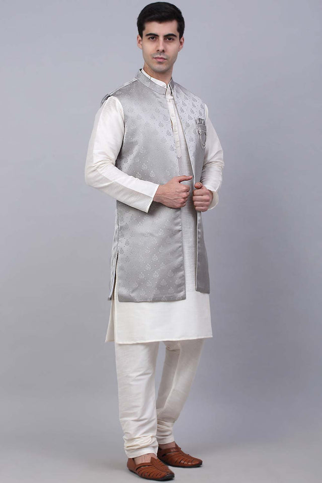Men's Grey Solid Kurta Pajama With Jacket