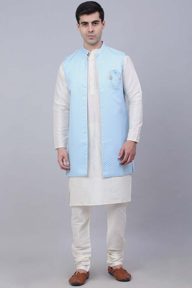 Men's Blue Solid Kurta Pajama With Jacket