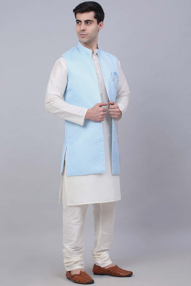 Men's Blue Solid Kurta Pajama With Jacket