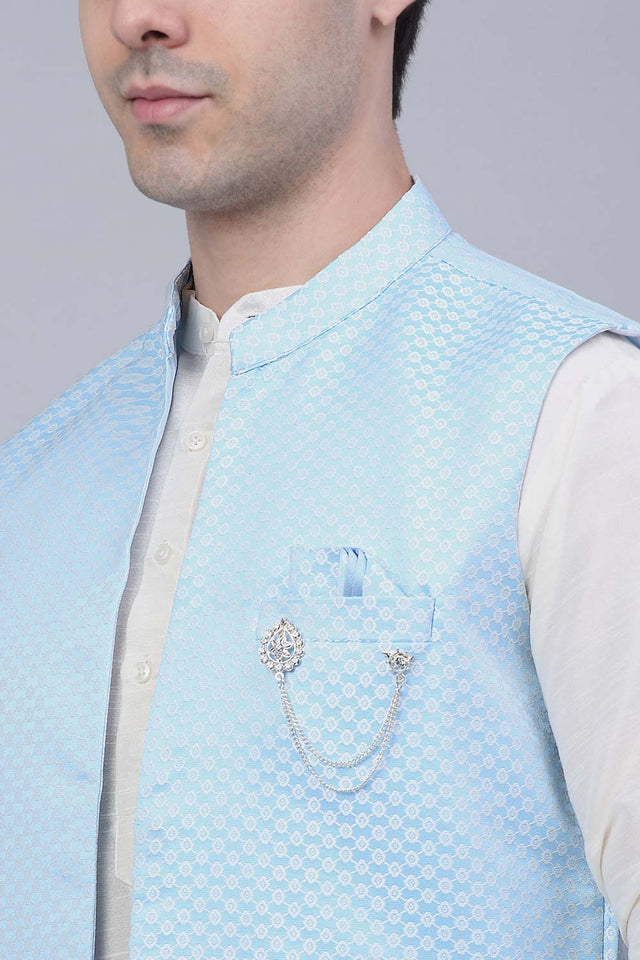 Men's Blue Solid Kurta Pajama With Jacket