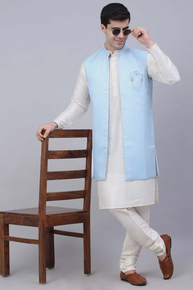 Men's Blue Solid Kurta Pajama With Jacket