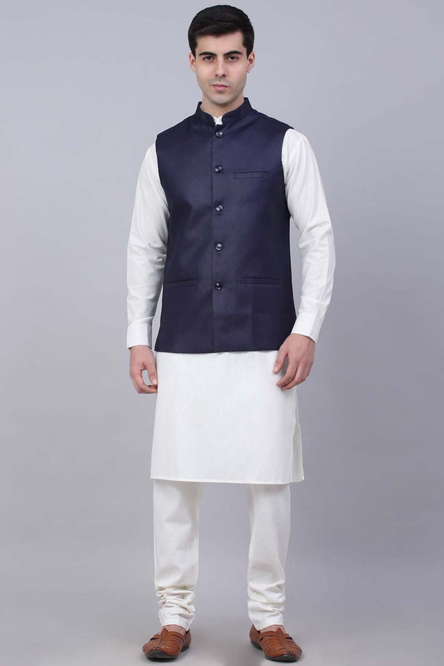 Men's Navy Solid Kurta Pajama With Nehru Jacket (JOKPWC_W-F_4046Navy)