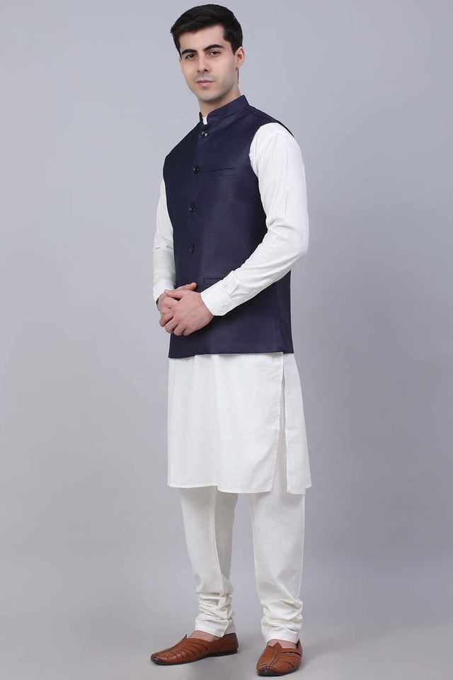 Men's Navy Solid Kurta Pajama With Nehru Jacket (JOKPWC_W-F_4046Navy)