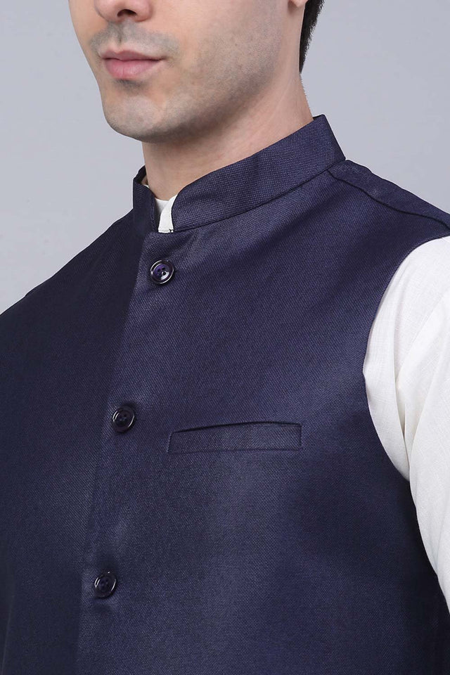 Men's Navy Solid Kurta Pajama With Nehru Jacket (JOKPWC_W-F_4046Navy)