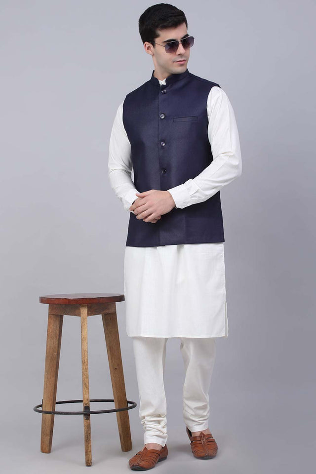 Men's Navy Solid Kurta Pajama With Nehru Jacket (JOKPWC_W-F_4046Navy)