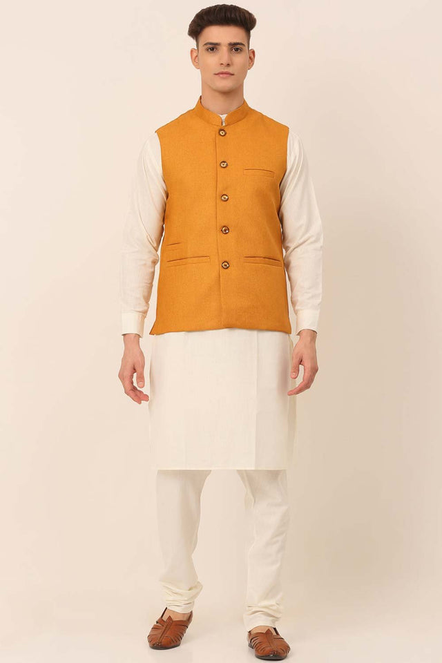 Men's Mustard Solid Kurta Pajama With Nehru Jacket