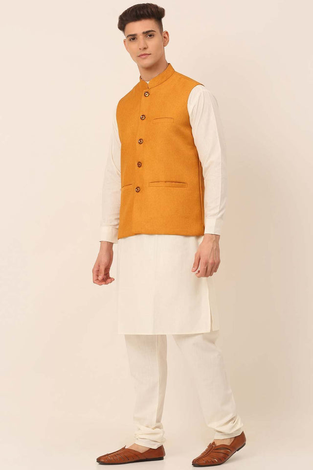 Men's Mustard Solid Kurta Pajama With Nehru Jacket