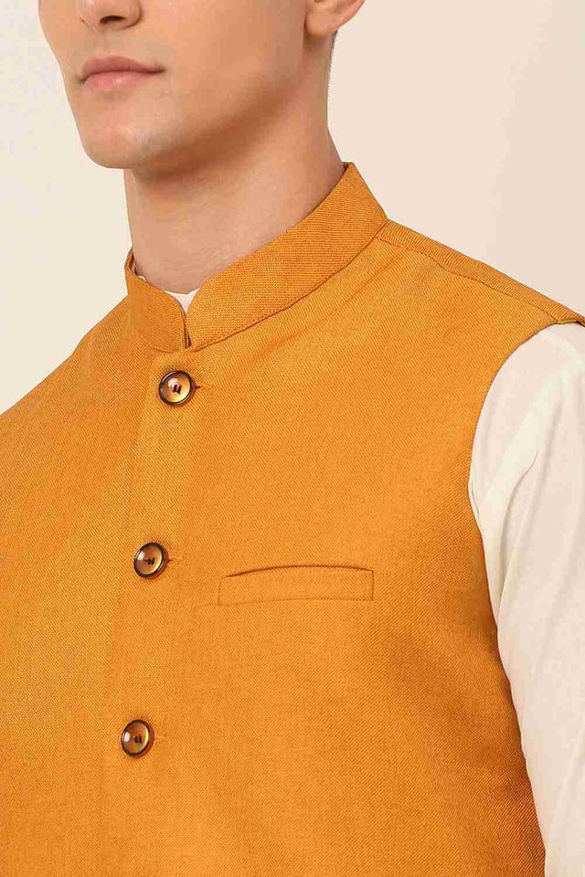 Men's Mustard Solid Kurta Pajama With Nehru Jacket