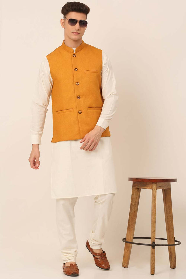 Men's Mustard Solid Kurta Pajama With Nehru Jacket