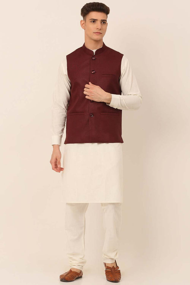 Men's Maroon Solid Kurta Pajama With Nehru Jacket (JOKPWC_W-F_4046Maroon)