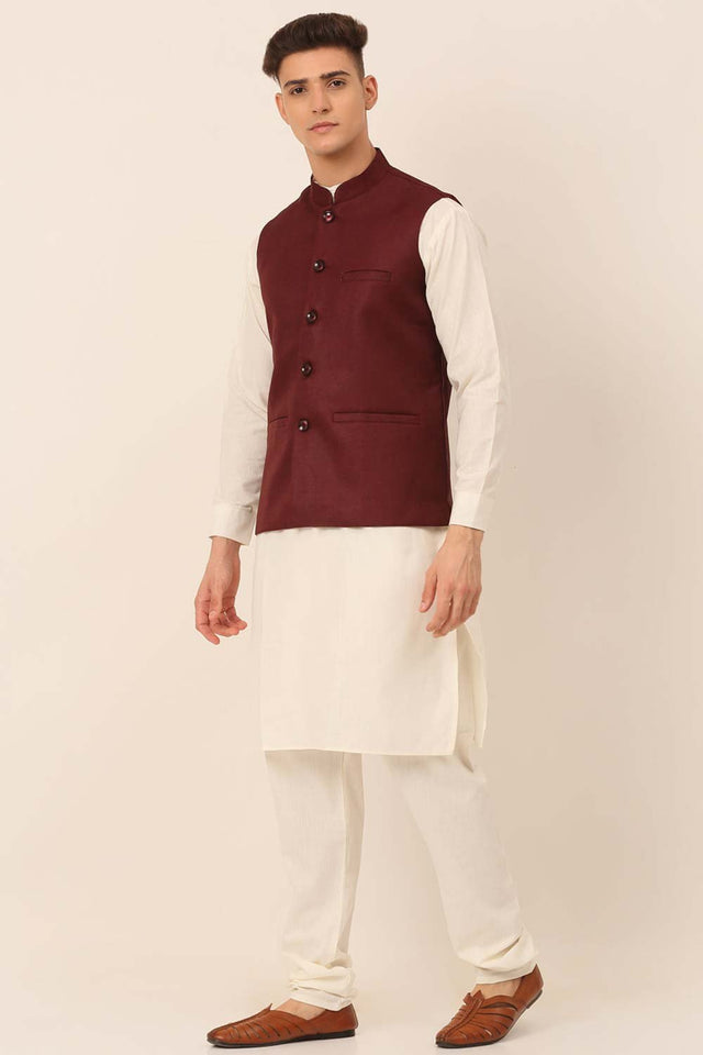 Men's Maroon Solid Kurta Pajama With Nehru Jacket (JOKPWC_W-F_4046Maroon)