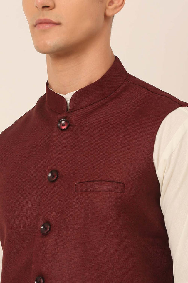 Men's Maroon Solid Kurta Pajama With Nehru Jacket (JOKPWC_W-F_4046Maroon)