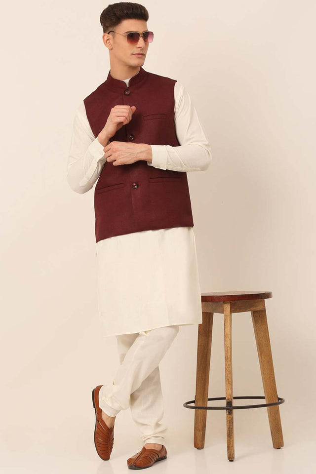 Men's Maroon Solid Kurta Pajama With Nehru Jacket (JOKPWC_W-F_4046Maroon)