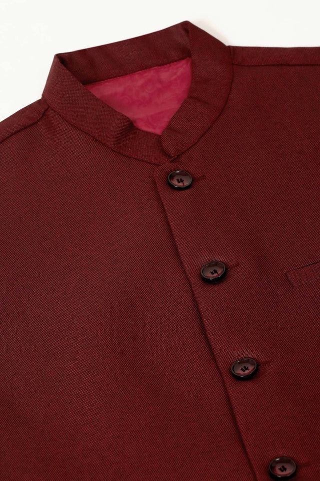 Men's Maroon Solid Kurta Pajama With Nehru Jacket (JOKPWC_W-F_4046Maroon)