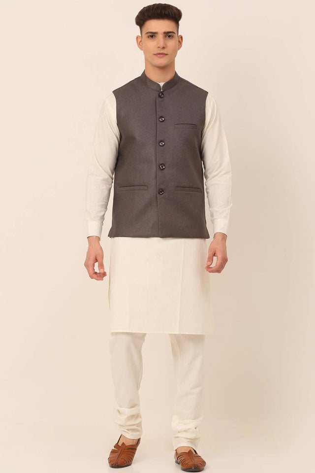 Men's Charcoal Solid Kurta Pajama With Nehru Jacket (JOKPWC_W-F_4046Charcoal)