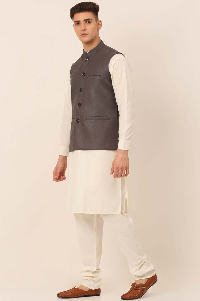 Men's Charcoal Solid Kurta Pajama With Nehru Jacket (JOKPWC_W-F_4046Charcoal)