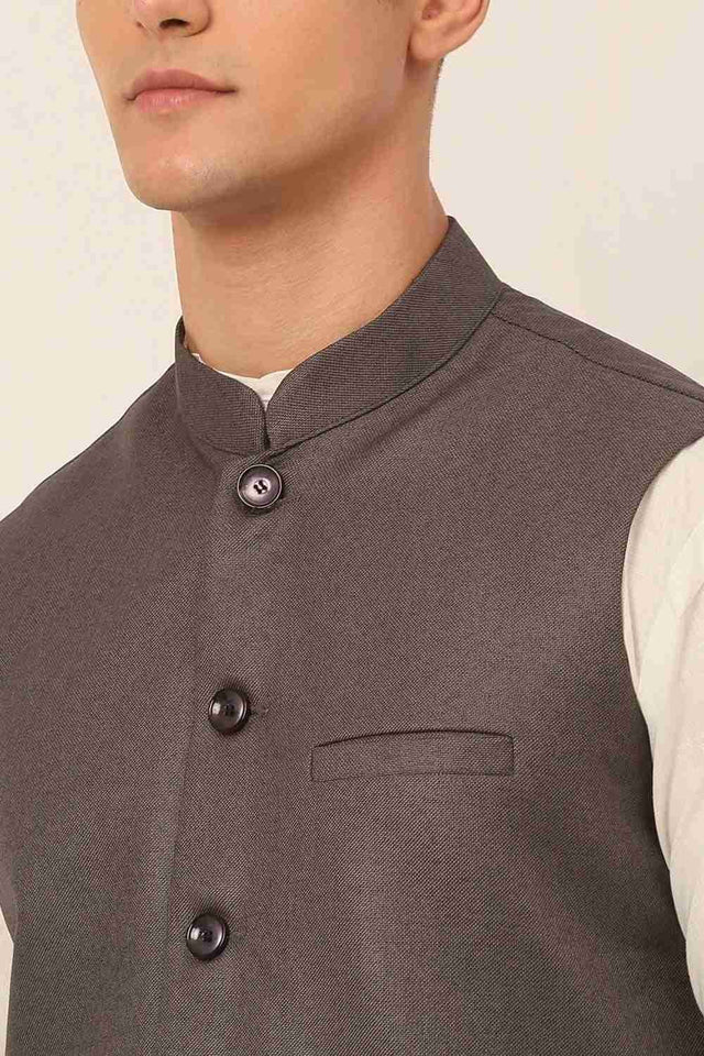 Men's Charcoal Solid Kurta Pajama With Nehru Jacket (JOKPWC_W-F_4046Charcoal)