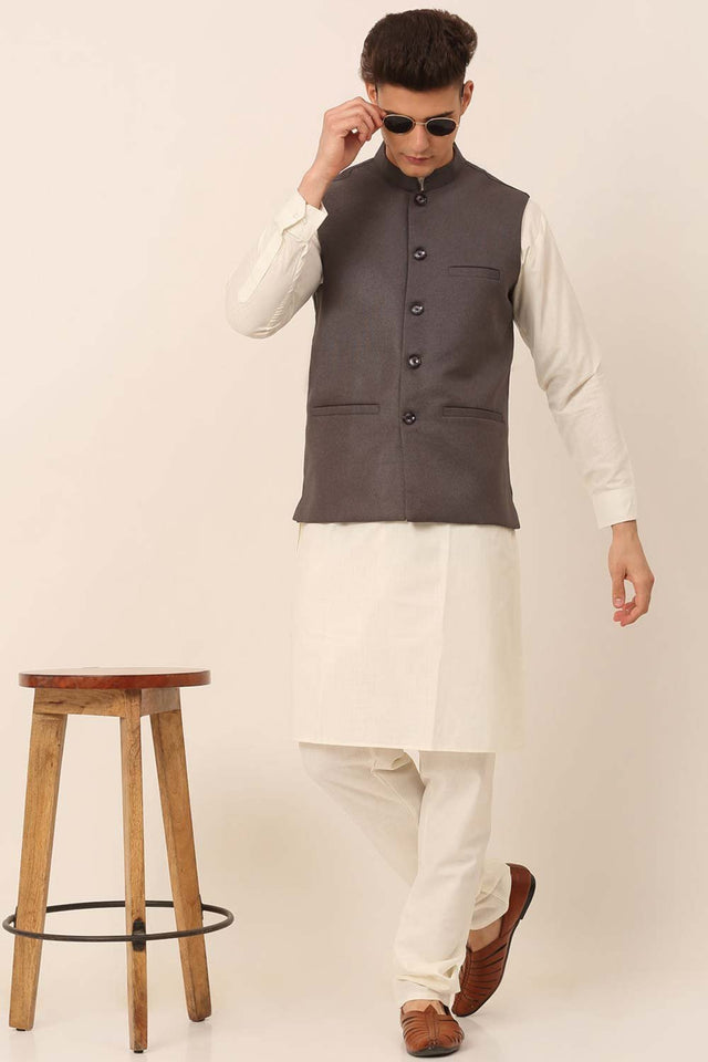 Men's Charcoal Solid Kurta Pajama With Nehru Jacket (JOKPWC_W-F_4046Charcoal)