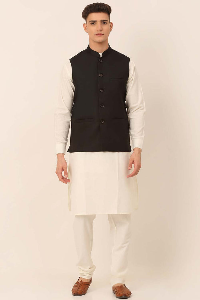 Men's Black Solid Kurta Pajama With Nehru Jacket (JOKPWC_W-F_4046Black)