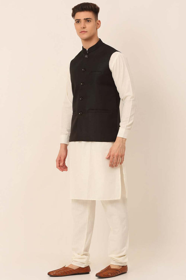 Men's Black Solid Kurta Pajama With Nehru Jacket (JOKPWC_W-F_4046Black)