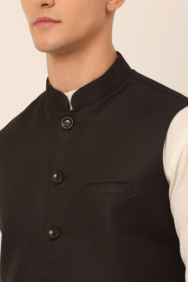 Men's Black Solid Kurta Pajama With Nehru Jacket (JOKPWC_W-F_4046Black)