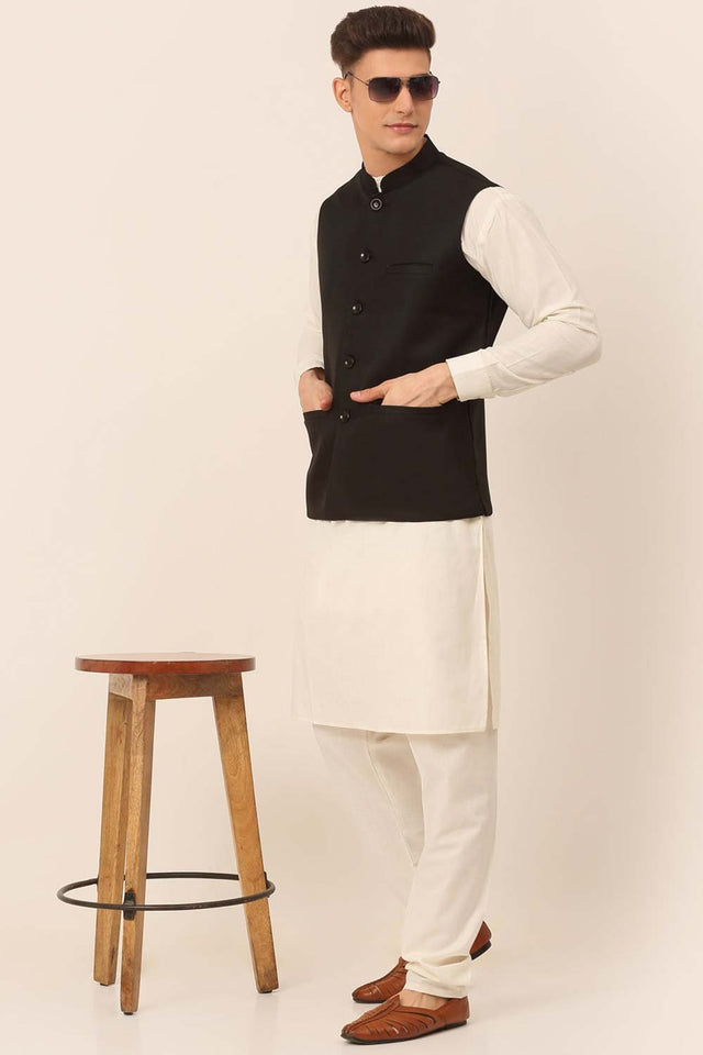 Men's Black Solid Kurta Pajama With Nehru Jacket (JOKPWC_W-F_4046Black)