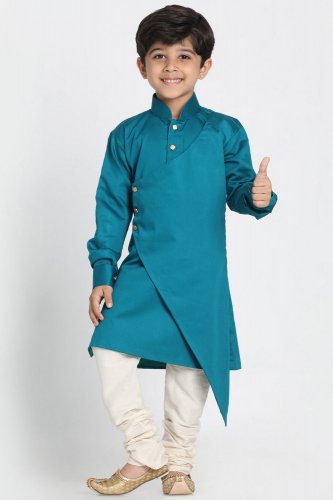 Boy's Cotton Art Silk Kurta Set in Green