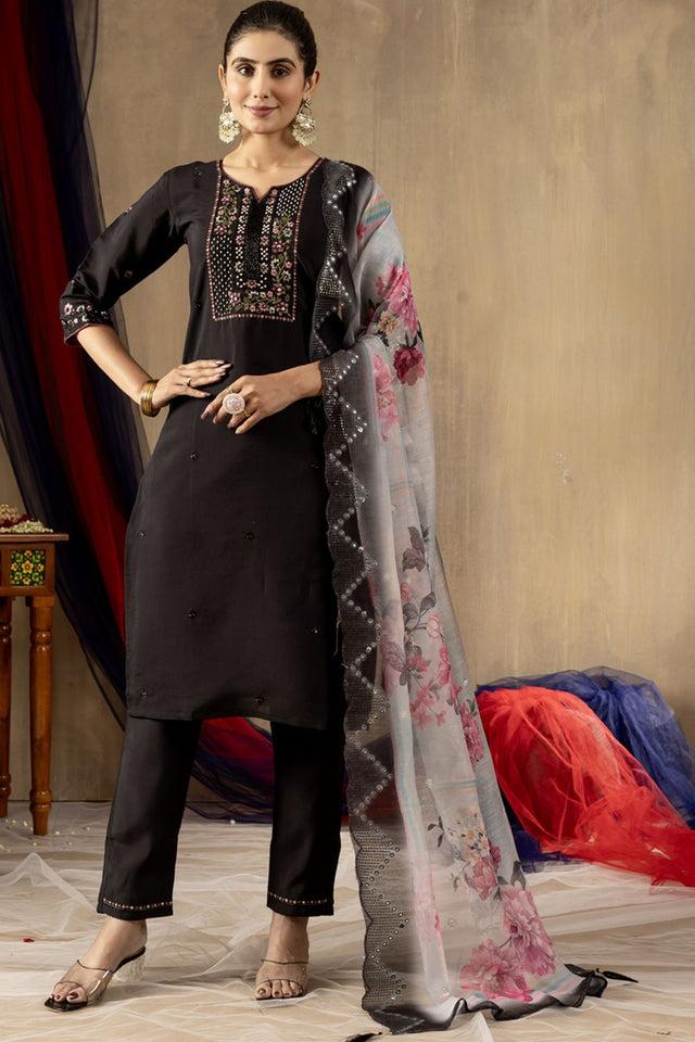 Black Floral Embroidered Silk Kurti Pant Set (iva-108-Black)