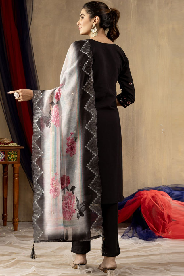 Black Floral Embroidered Silk Kurti Pant Set (iva-108-Black)