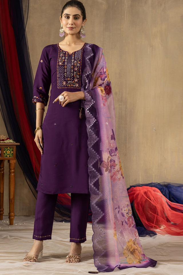 Violet Floral Embroidered Silk Kurti Pant Set (iva-108-Purple)