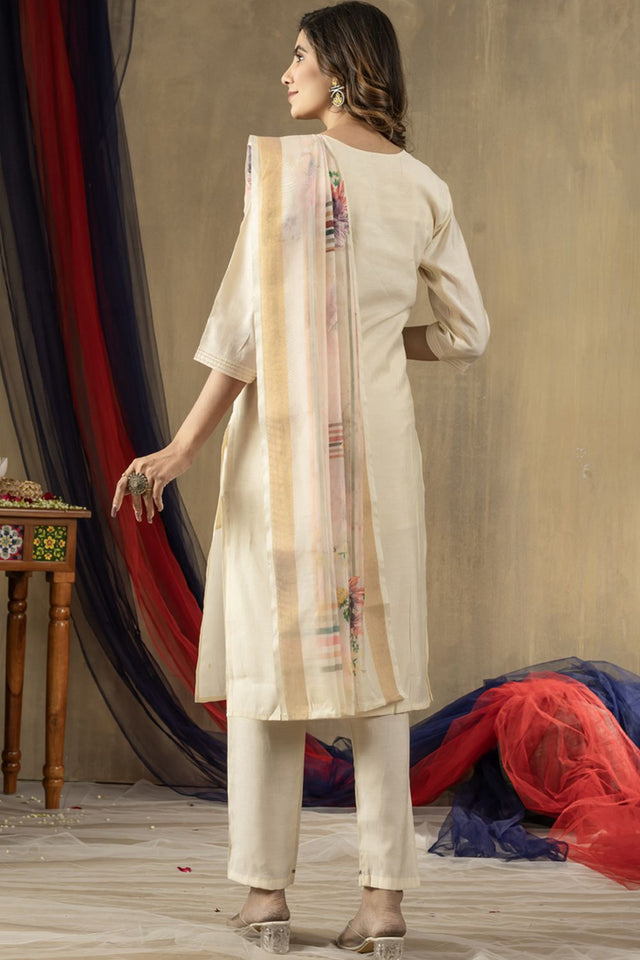 Off White Floral Embroidered Silk Kurti Pant Set (iva-109-OffWhite)