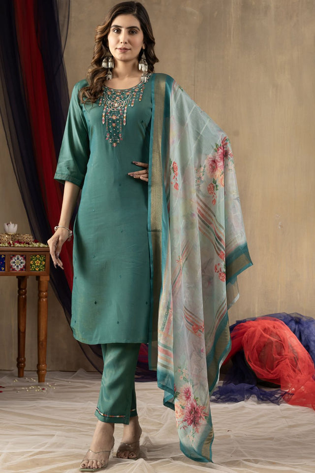 Green Floral Embroidered Silk Kurti Pant Set (iva-109-RamaGreen)