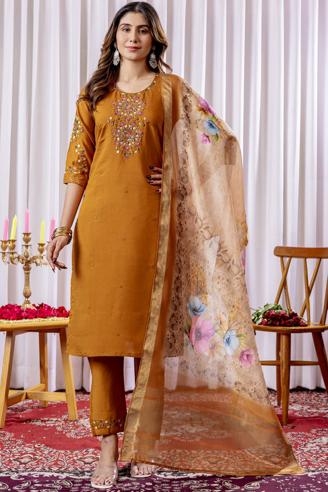 Mustard Floral Embroidered Viscose Kurti Pant Set (iva-111-Mustard)