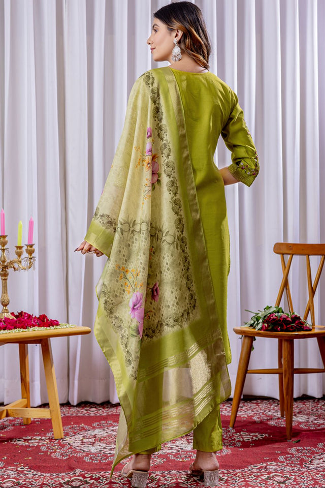 Dark Green Floral Embroidered Viscose Kurti Pant Set (iva-111-ParrotGreen)